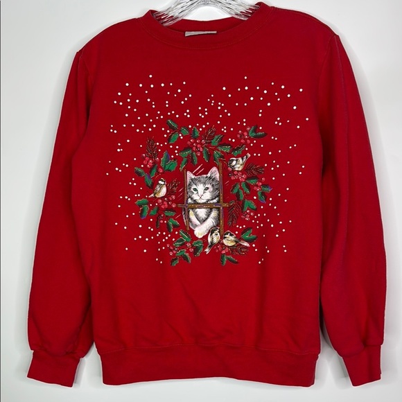 Vintage Blair Christmas Cat Red Crewneck Sweatshirt Size Medium - Picture 1 of 9